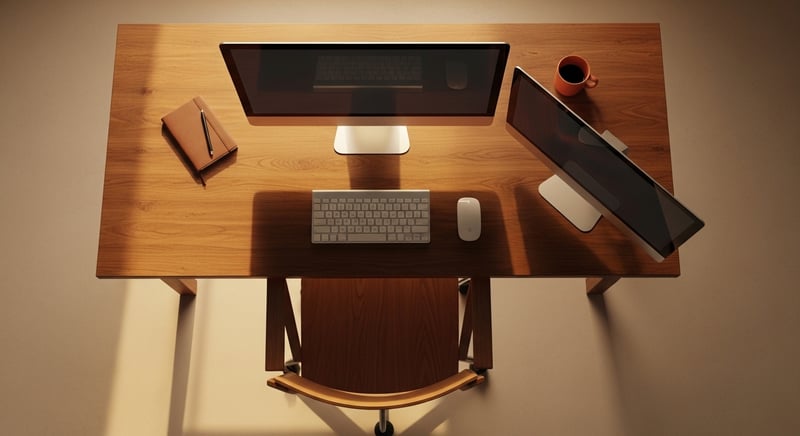 Editorial overhead photograph of a desk with two monitors arranged asymmetrically, the primary screen centered directly in front of the chair and the secondary screen angled in from the right, in warm amber light