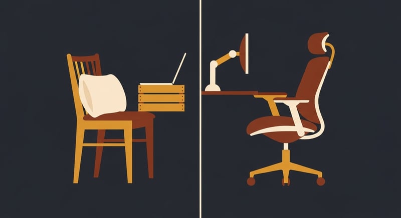 Flat illustration comparing a budget workspace with a dining chair and crate riser versus a premium workspace with an ergonomic office chair and monitor arm