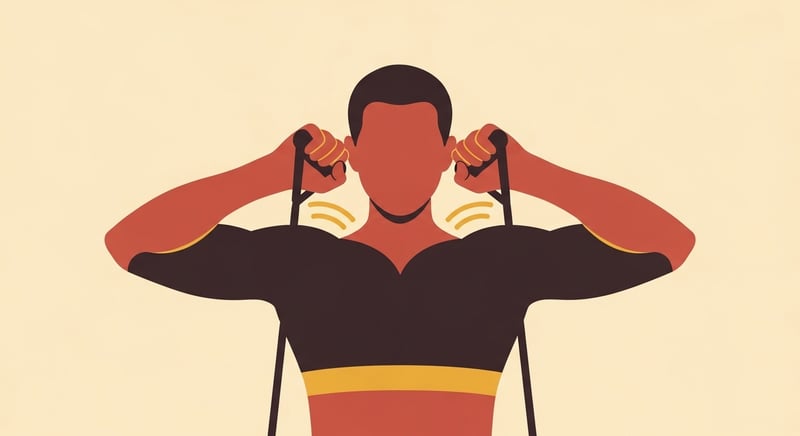 Minimalist flat illustration of a figure pulling a resistance band toward the face with both elbows high and wide and the shoulder blades squeezing together, deep espresso and terracotta with honey-gold accents on cream