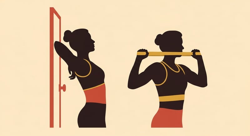 Minimal flat illustration of two side-profile figures, one showing a chest stretch opening the front and one showing a face pull strengthening the back, with honey-gold arrows, on cream with terracotta accents