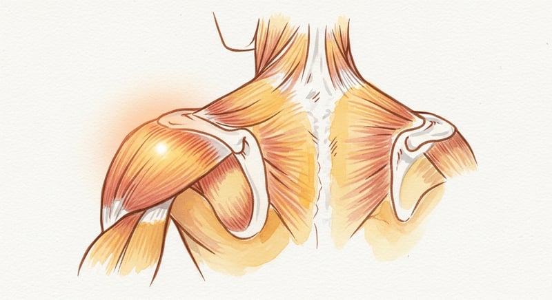 Loose watercolor illustration from behind of the upper back showing the rear shoulder, the middle and lower trapezius squeezing the shoulder blades together, and the external rotators, in warm honey-gold and terracotta