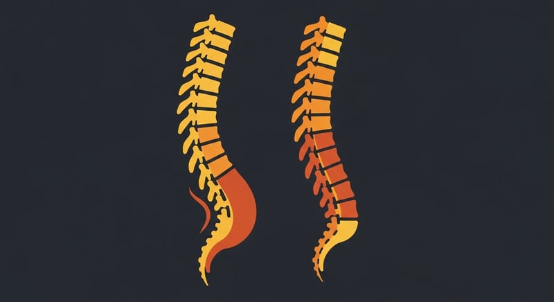 Flat illustration contrasting a healthy inward-curving lumbar spine with a flattened straight lower back, honey-gold spine lines on dark charcoal