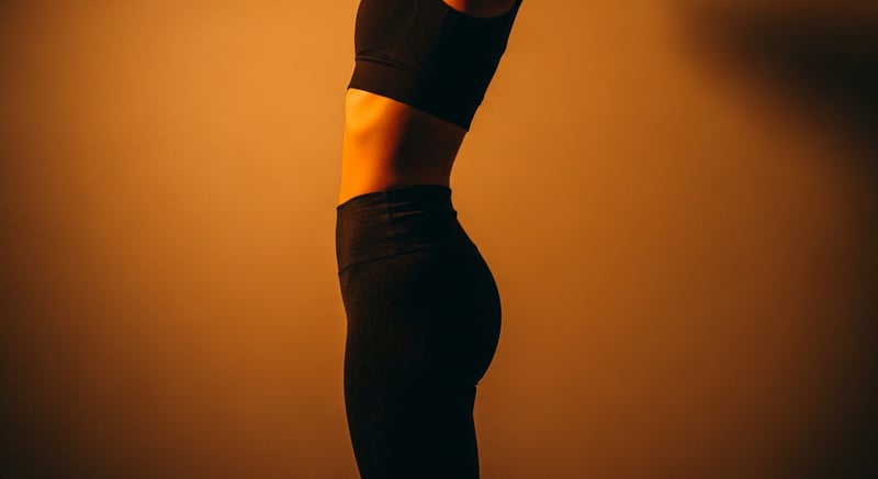 Side-profile illustration in warm amber and honey gold of a standing figure whose lower back has lost its natural inward curve, set against dark charcoal