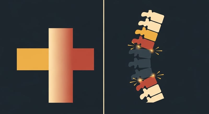 Two-panel flat illustration: on the left a graded ceramic-to-metal block where color shifts smoothly across a transition zone, on the right a side-profile spine where a stiff dark mid-back segment meets mobile neck and lower-back segments at sharp seams, matching stress lines piling up at the boundaries, honey-gold and terracotta on dark charcoal