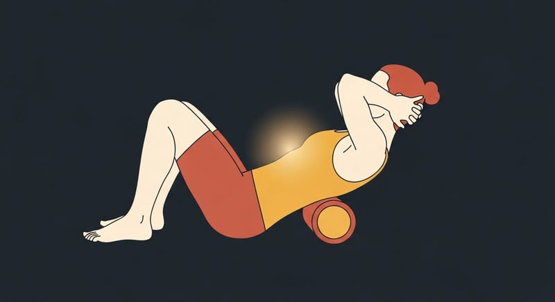 Flat side-profile illustration of a person lying back over a foam roller placed under the mid-back, hips lifted slightly, hands behind the head, the upper back extending over the roller while the lower back stays neutral, honey-gold and terracotta on dark charcoal