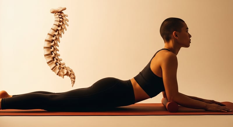 Editorial side-profile photograph of a person on a mat gently extending the upper back with a foam roller, a floating illustration of the spine beside them, warm amber light