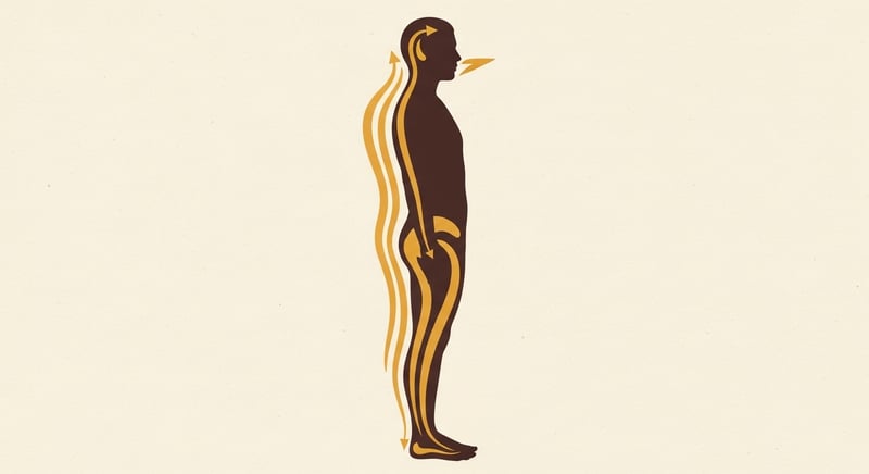 Flat illustration of a side-profile silhouette showing the chain of compensation from foot to shoulders: arch collapse at the bottom, tibial internal rotation, anterior pelvic tilt, and slight forward shoulder lean at the top, with honey-gold accent lines tracing the rotation path
