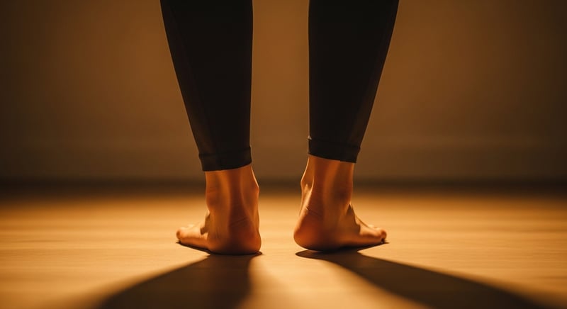 Editorial photograph from directly behind of anonymous adult bare feet showing both heels tilting visibly inward toward each other in pronation, calves visible, fitted dark charcoal athletic clothing, warm honey-gold backlighting, deep espresso brown floor, no identifiable facial features