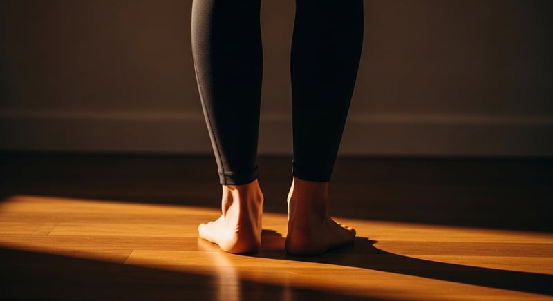 Cinematic editorial photograph of an anonymous adult standing barefoot from behind, side-profile of the arch visible, warm honey-gold side-lighting against deep espresso brown