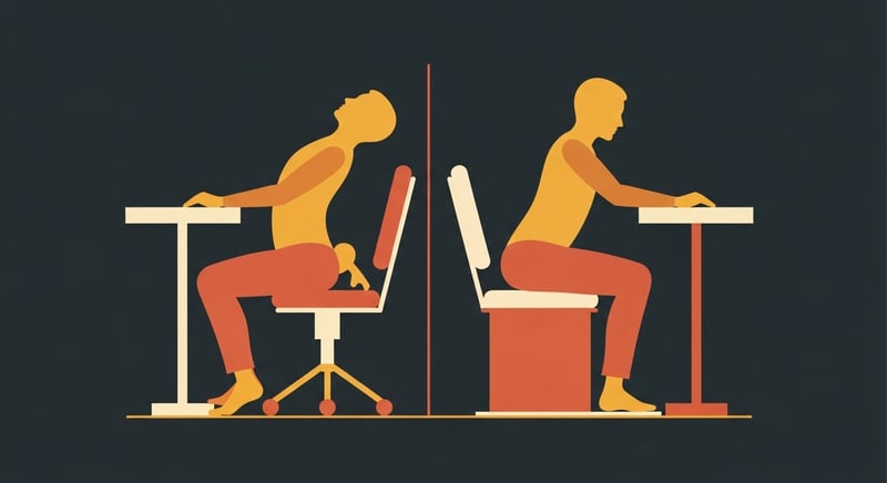 Flat illustration comparing two side-profile silhouettes at a desk: left figure with feet dangling and pelvis rotated forward, right figure with feet on a footrest and pelvis rotated back into the seat