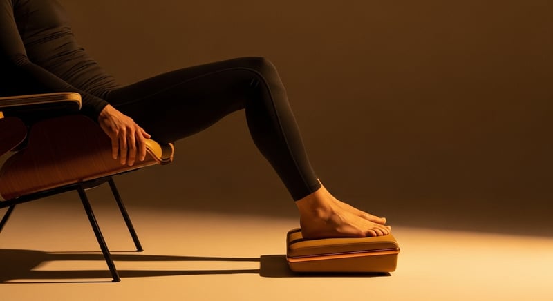 Cinematic side-profile of a desk worker with their feet resting on a footrest under the desk, warm amber lighting, dark charcoal tones