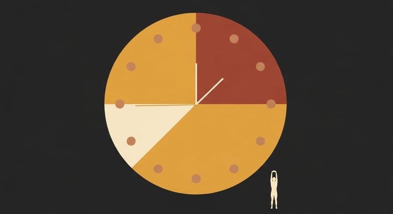Flat illustration of a clock face highlighting a gaming session segment alongside a small stretching silhouette for movement breaks