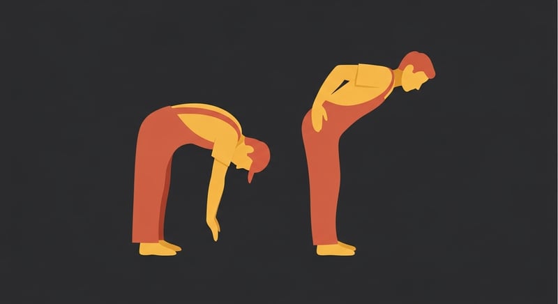 Flat illustration comparing two gardener silhouettes, one rounding the back to reach the ground and one hinging at the hips with a flat spine, honey-gold on charcoal