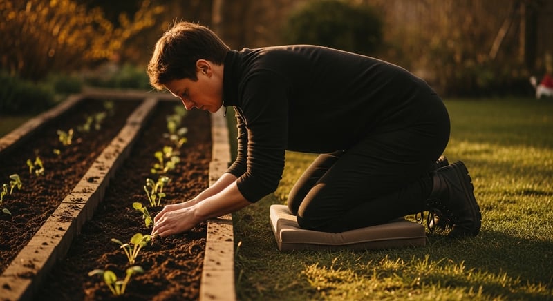Editorial photograph of a gardener kneeling upright on a foam pad while planting, spine tall over the hips, warm espresso and amber tones