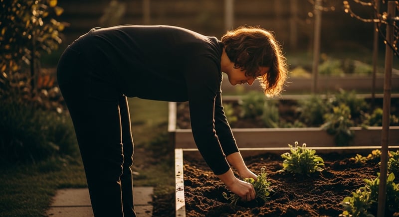 Editorial side-profile photograph of a gardener bent forward at the waist over a flower bed, spine rounded, warm amber morning light