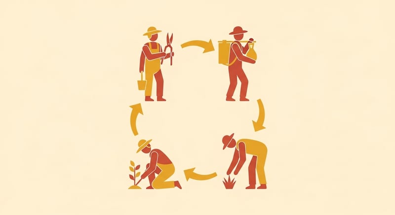Flat illustration of four gardening tasks arranged in a circle showing rotation, kneeling, standing pruning, carrying, and reaching, terracotta and honey-gold