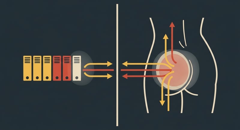 Two-panel flat illustration: on the left a redundant disk array with one drive dimmed and its data rerouted to the others, on the right the muscles of the hip with the gluteus maximus dimmed and the hamstrings carrying the load, matching arrows across both panels, honey-gold and terracotta on dark charcoal