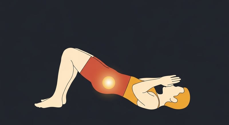 Flat side-profile illustration of a person at the top of a glute bridge, hips lifted in a straight line from bent knees to shoulders, heels planted close under the knees, the gluteus highlighted in honey-gold on dark charcoal