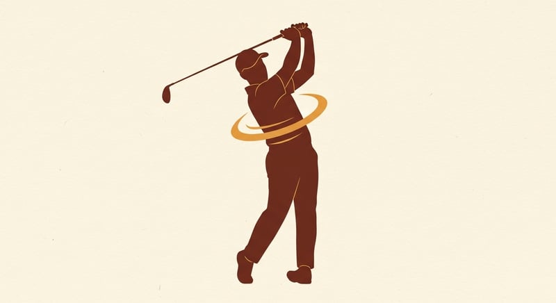 Flat illustration of a side-profile golfer silhouette at the top of the backswing, with a honey-gold rotation arc highlighted across the thoracic region and a contrasting muted-copper warning indicator at the lumbar region, on a cream background