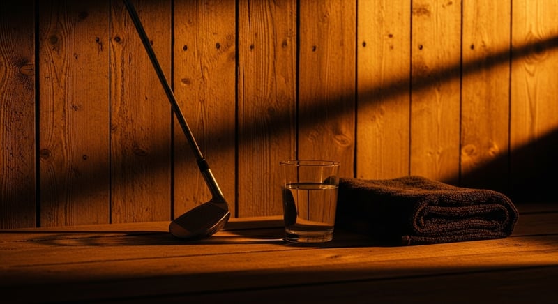 Cinematic still life photograph of a single golf iron leaning against weathered wooden planks, beside a folded towel and a glass of water, warm morning amber light, deep espresso brown shadows, shallow depth of field