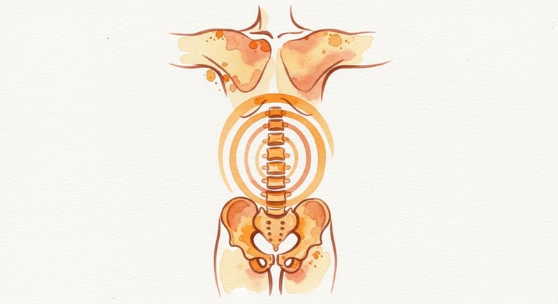 Loose watercolor illustration of a vertical chain of three regions, hips at the bottom, thoracic spine in the middle, and arms at the top, with warm honey-gold flowing arcs showing rotation traveling smoothly through each link, on cream paper with terracotta accents