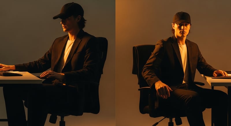 Editorial photograph of a person at a desk mid-shift between two seated positions, relaxed and unposed, warm amber light, face cropped above the nose