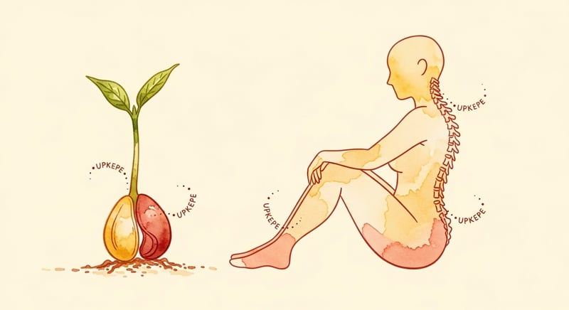 Watercolor illustration of a sprouting seed beside a relaxed seated human figure, soft honey-gold and terracotta washes on cream, suggesting quiet ongoing maintenance