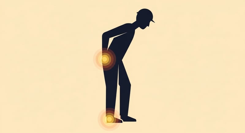Flat illustration of a stylized standing worker silhouette with the low back, shoulders, and feet highlighted in honey-gold and terracotta to show where the load lands, on cream background