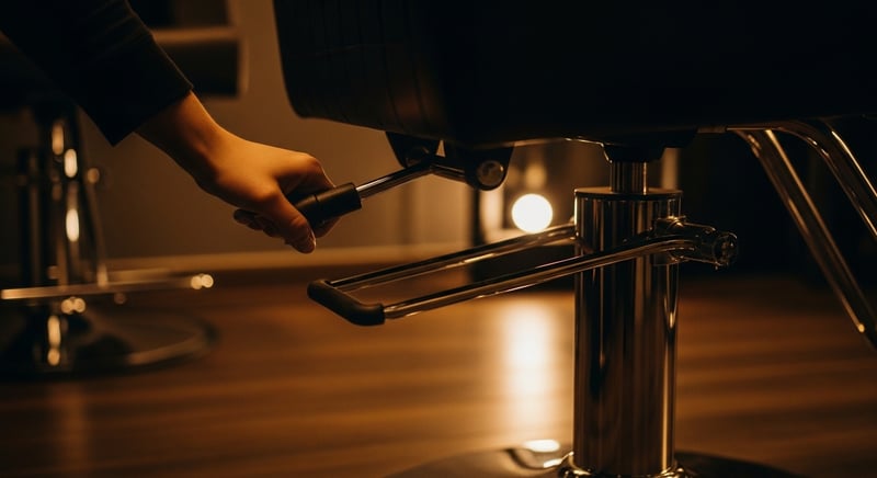 Editorial photograph of a hand raising a salon chair on its hydraulic base so the seated client rises to working height, warm amber light, no identifiable face