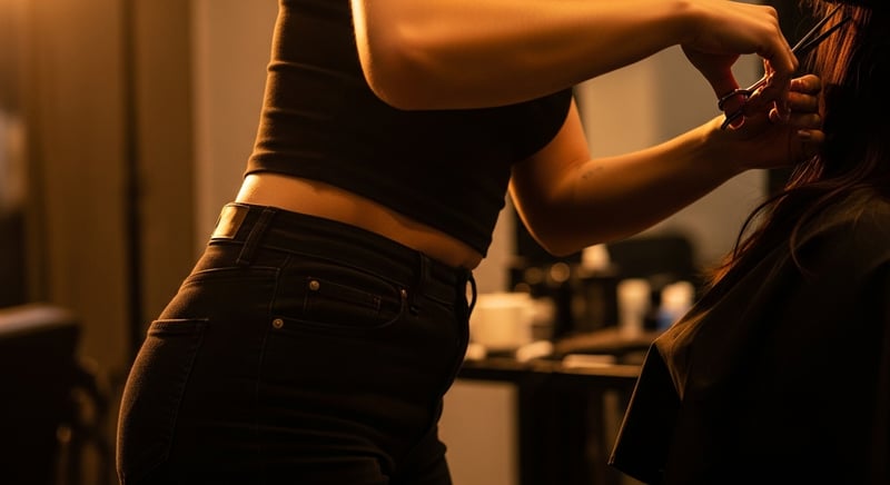 Editorial side-profile of a hairstylist standing and leaning forward from the waist over a seated client's head, the low back rounded, warm amber salon light, no identifiable face