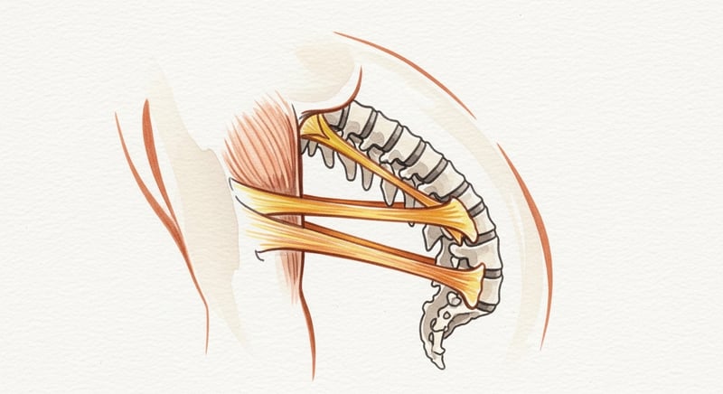 Loose watercolor of a side-profile lumbar spine bent forward with the back muscles fading and the posterior ligaments glowing and stretched, honey-gold and terracotta washes on cream paper