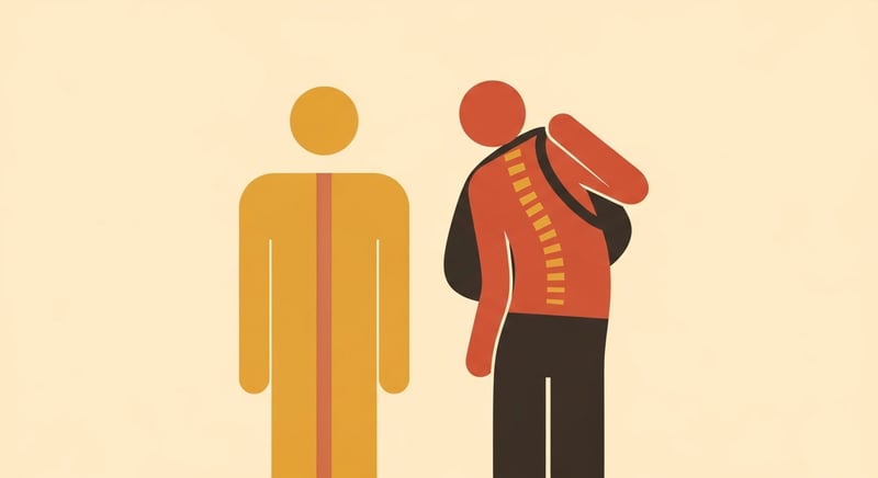 Flat two-figure illustration comparing a balanced upright stance to a figure under a one-shoulder load, trunk leaning away and spine bending toward the bag, in honey-gold and terracotta on cream