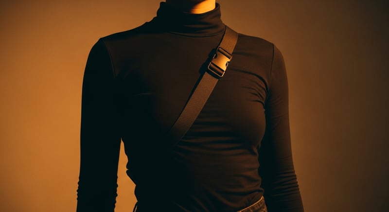 Editorial photograph of a person wearing a bag crossbody, the strap running diagonally across the torso from shoulder to opposite hip, shoulders level, face cropped above the nose