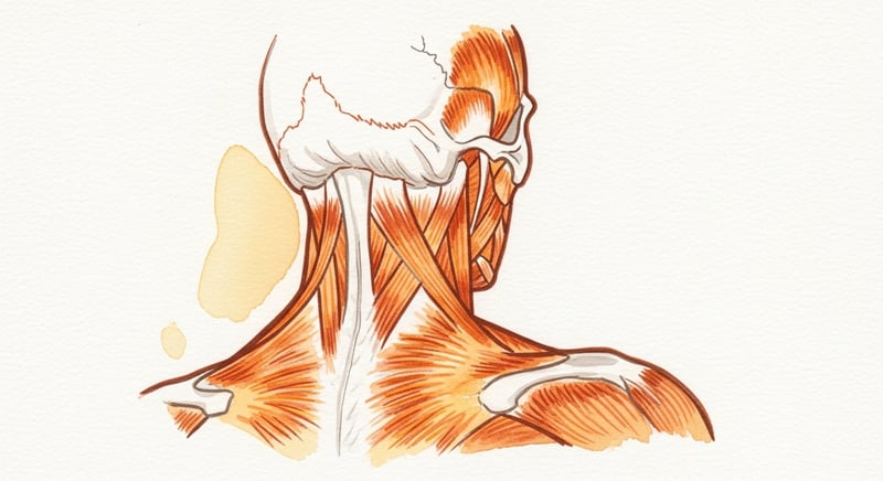 Loose watercolor illustration of the upper trapezius and levator scapulae muscles running from the neck to the top of the shoulder blade, glowing amber to show sustained tension on one side
