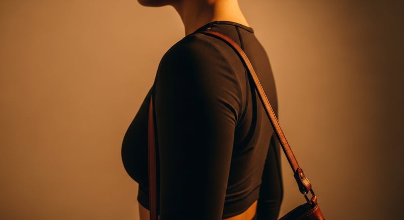 Watercolor side profile of a woman walking with a heavy bag on one shoulder, that shoulder visibly hiked upward, in warm amber and terracotta tones