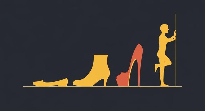 Flat illustration of a row of shoes from flat to moderate to high heel with a simple calf-stretch figure beside them, honey-gold and terracotta on charcoal, no text