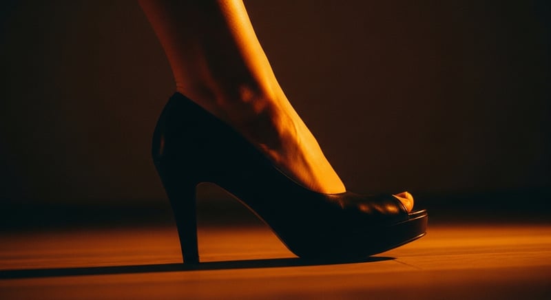 Editorial side-profile photograph of a foot in a high heel with body weight pressed onto the ball of the foot, warm amber side-light, deep espresso shadow, no identifiable facial features