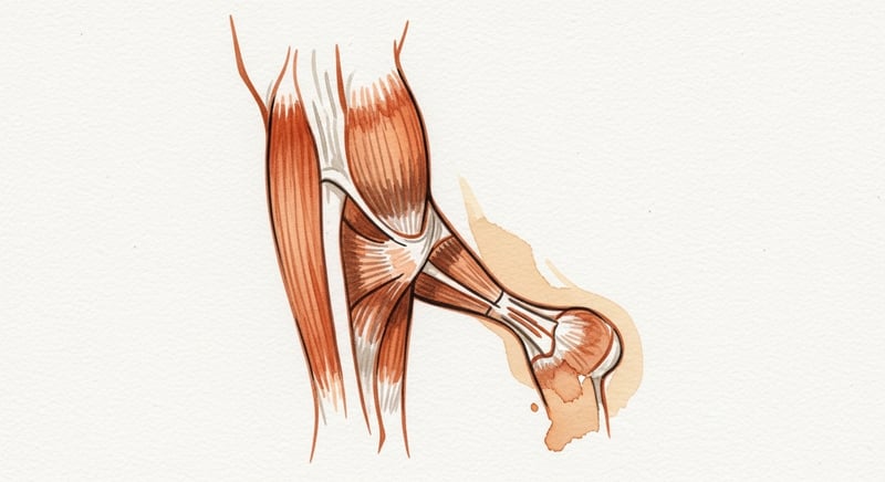 Loose watercolor of a lower leg showing a shortened bunched calf muscle and a thick taut Achilles tendon, warm terracotta and honey-gold on cream, no text