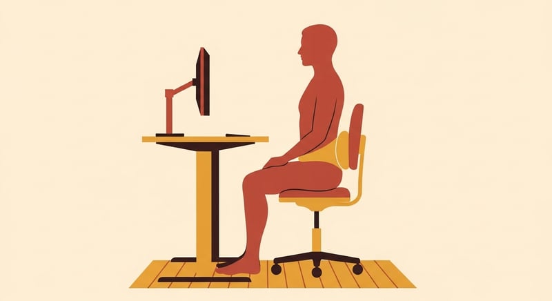 Minimalist flat illustration of a side-profile figure seated correctly at a home desk, with the chair, feet, knees, and lumbar support items labeled by simple curved arrows in warm honey-gold and terracotta on cream paper