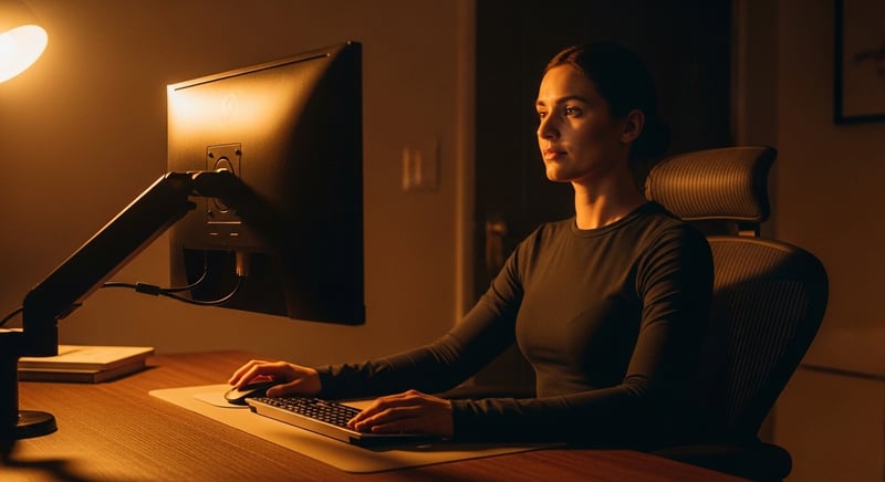 Cinematic editorial photograph, three-quarter shot of an anonymous person seated at a desk with their monitor at eye level, warm amber side-lighting from the left, dark charcoal chair and warm wood desktop, face cropped above the nose