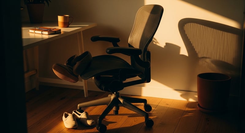 Cinematic still life photograph of a quiet corner of a home office in late-afternoon light, an empty desk chair pushed back, a pair of soft slip-on shoes nearby on the wood floor, a clay mug on the desk edge beside a folded notebook, warm honey-gold light spilling across the floor