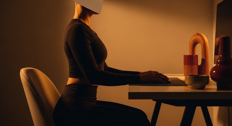 Watercolor side-profile illustration of a person at a properly set-up home desk with monitor at eye level, feet flat, and warm honey-gold light on cream paper