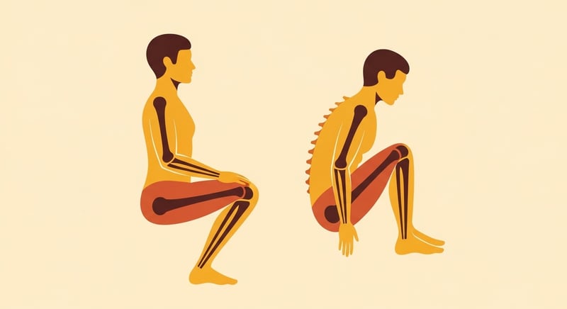 Minimal flat illustration on cream of two side-profile figures, one with normal joints sitting tall, one with overextended hypermobile joints sagging at the spine and knees, in honey-gold and terracotta.