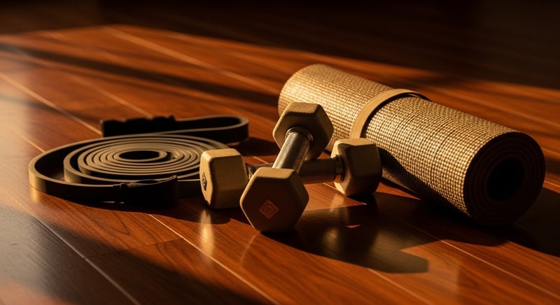 Cinematic still life in warm light of a resistance band and a pair of light dumbbells on a wooden floor beside a yoga mat, espresso and amber tones.