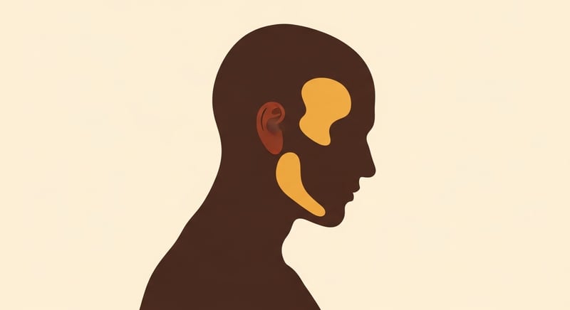Flat illustration of a side-profile silhouette showing forward head posture with the masseter highlighted at the jaw line and the temporalis highlighted at the side of the head, warm honey-gold and terracotta accents on cream