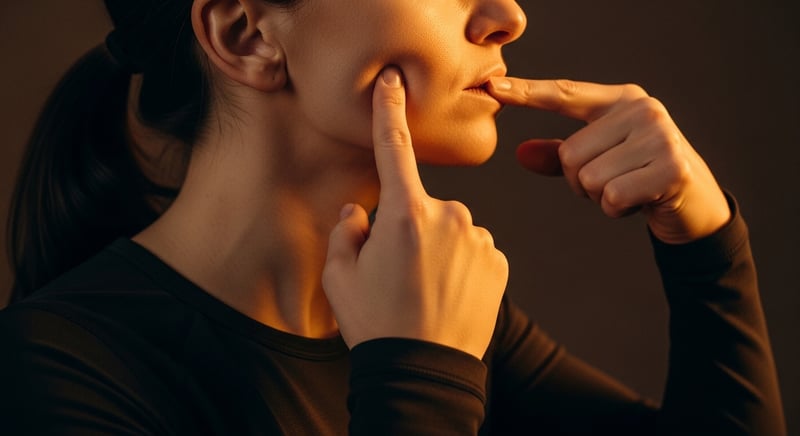 Editorial side-profile photograph of an anonymous adult pressing two fingertips against the masseter muscle in front of the ear, fitted dark charcoal clothing, warm honey-gold side-lighting, deep espresso brown background, no identifiable facial features