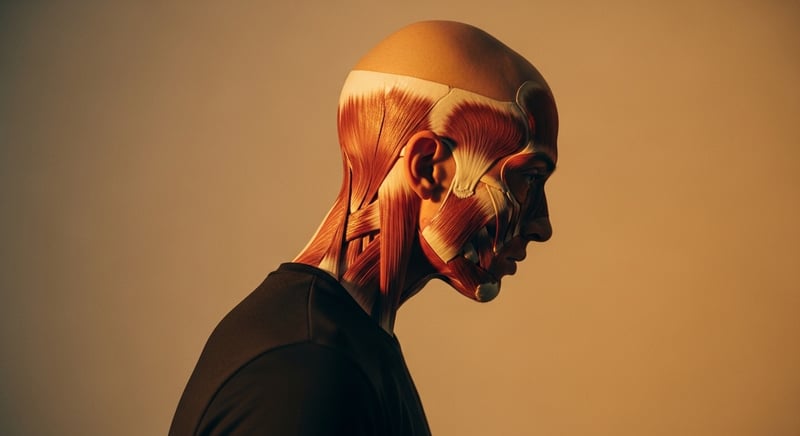 Editorial side-profile photograph of an anonymous adult resting fingertips on the jaw muscle in front of the ear, warm honey-gold side-lighting against deep espresso brown