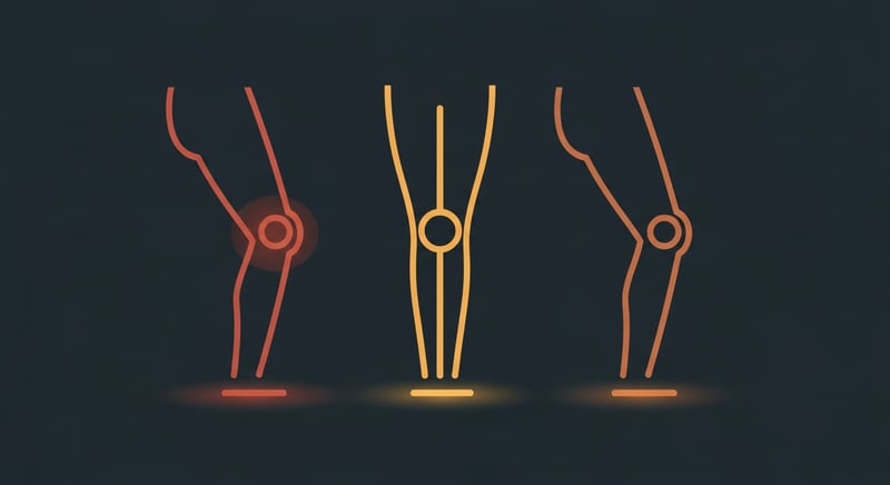 Minimal flat geometric illustration on dark charcoal showing three vertical kinetic-chain diagrams in a row, each with a horizontal pelvis bar on top, a vertical leg line in the middle that bends differently at the knee (inward, neutral, outward), and a horizontal foot bar at the bottom, in warm amber and honey-gold tones