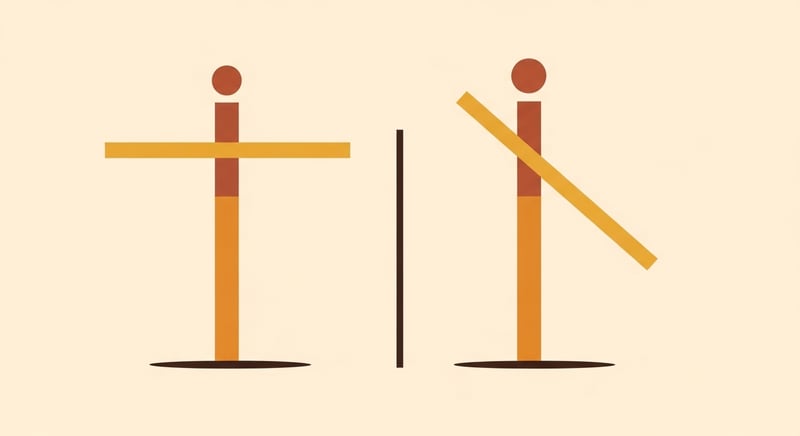 Minimal flat geometric illustration on cream background showing two side-by-side abstract diagrams of pelvis-over-leg position: left diagram with a horizontal honey-gold bar level above a vertical leg line, right diagram with the same bar tilted downward on its swing-leg side suggesting pelvic drop, no human figures