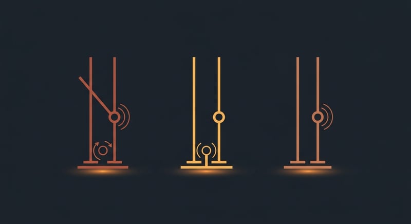 Minimal flat geometric illustration on dark charcoal showing three vertical leg-line diagrams in a row, each with two stacked vertical lines connected by a small circle at the knee joint, the leftmost angled inward (valgus), the center straight (neutral), the right angled outward (varus), in warm amber and honey-gold